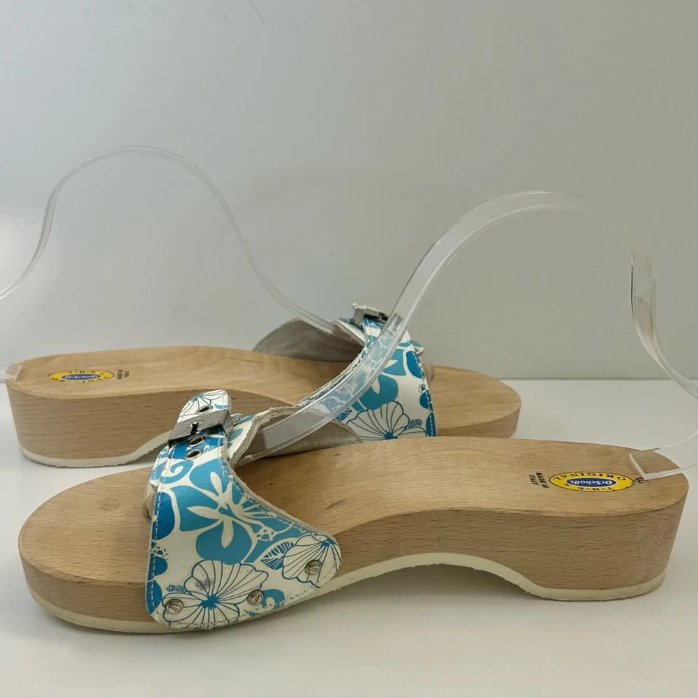 Dr Scholl’s Vintage Blue & White Hawaiian Hibiscus Silver Buckle Sandal Size 10 - Picture 6 of 14